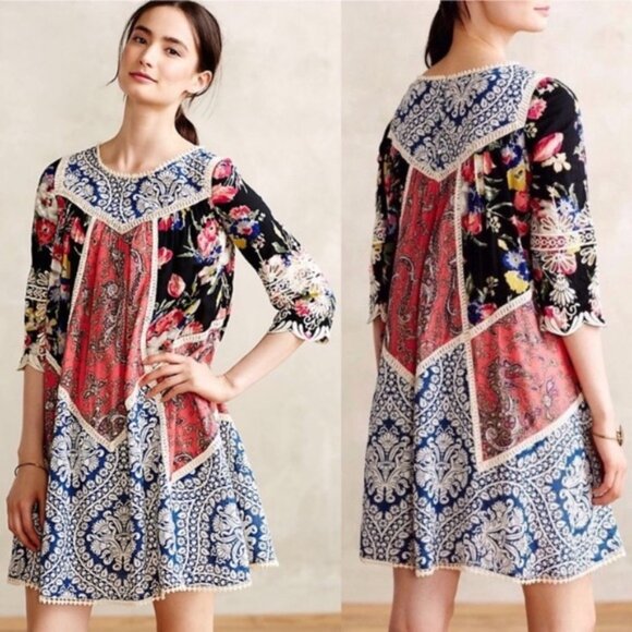 Anthropologie Vanessa Virginia Inez patchwork swing mini dress size 0 - Picture 8 of 8